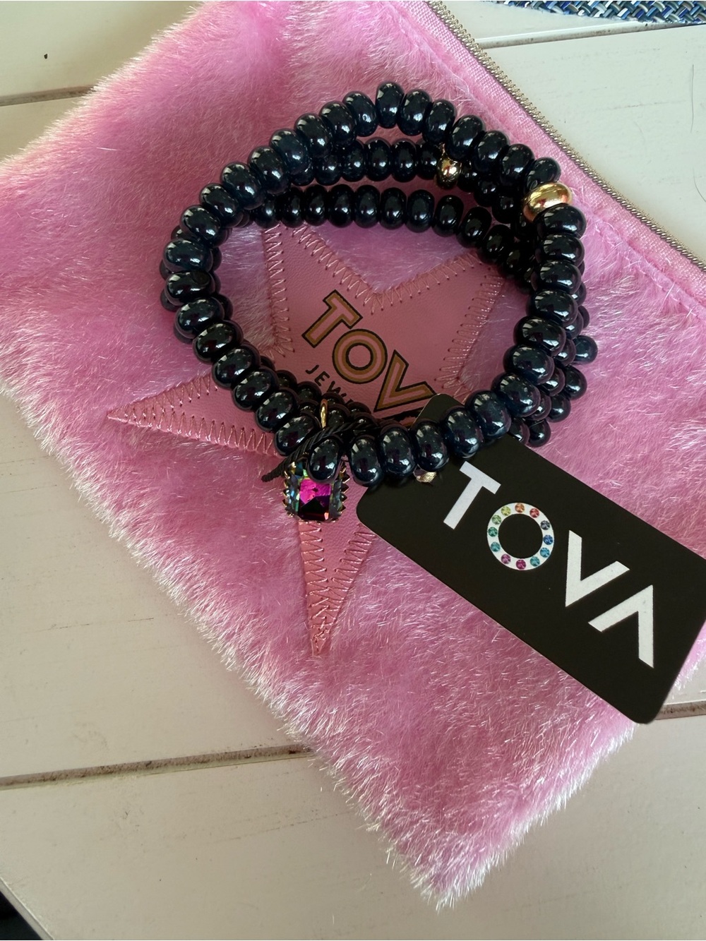 Dark Blue Beaded Wrap Bracelet with Multicolor Gem Charm - Picture 3 of 4